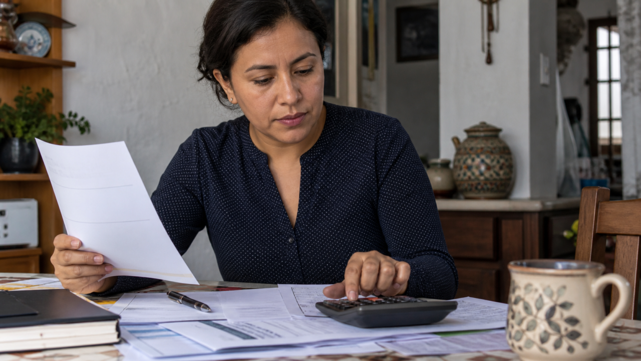 Persona compara contratos de crédito y una calculadora sobre una mesa de trabajo