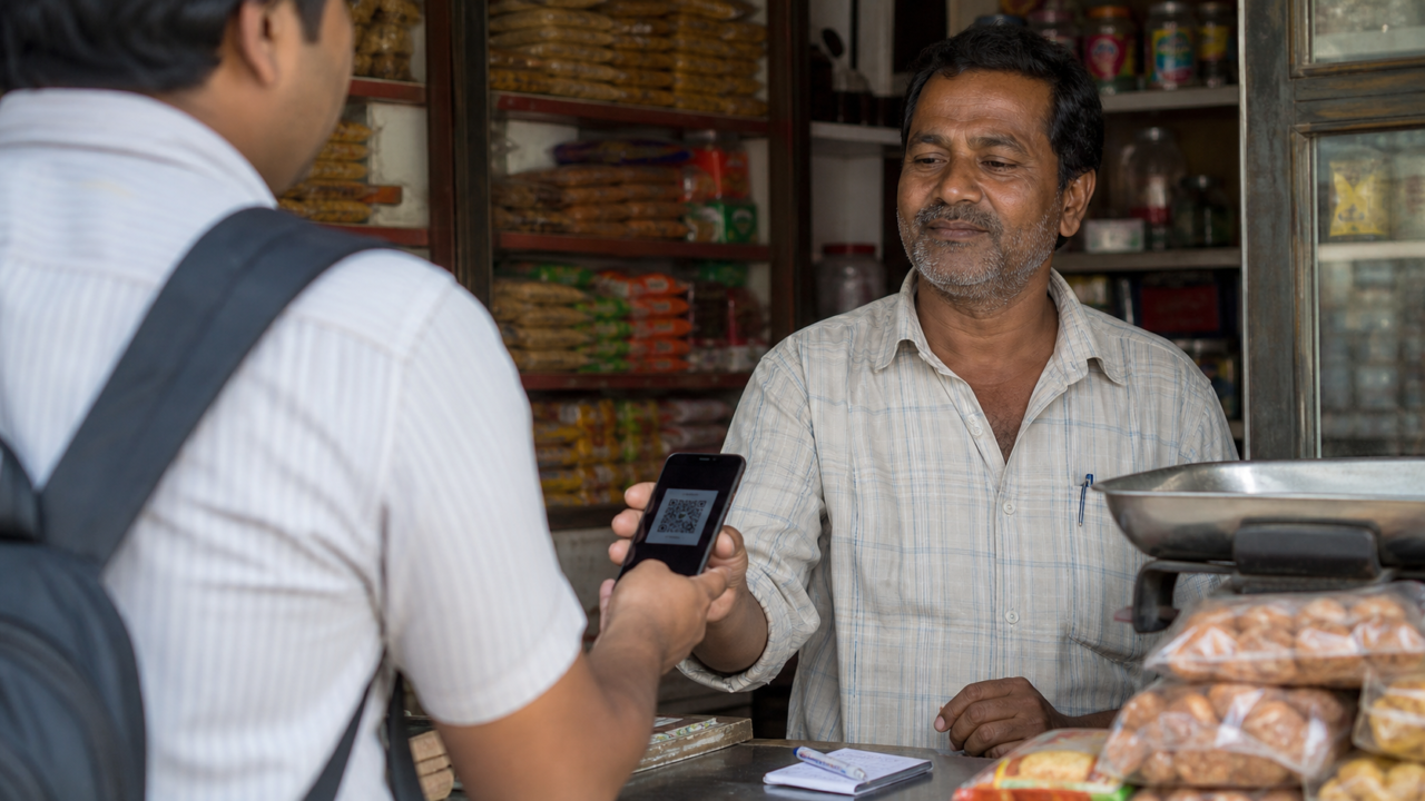 Comerciante mostrando un código QR de cobro mientras un cliente confirma una transferencia en su teléfono.
