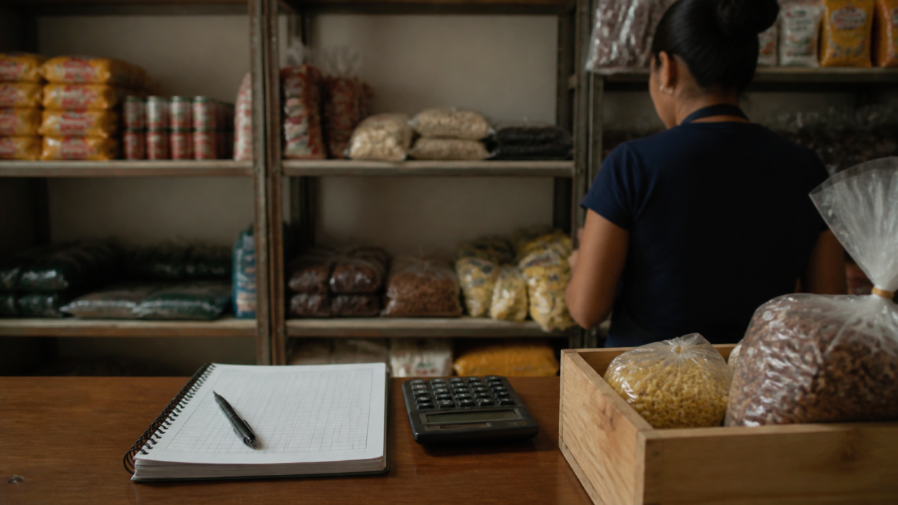 Dueña de una tienda en línea revisa una política de devoluciones junto a paquetes preparados