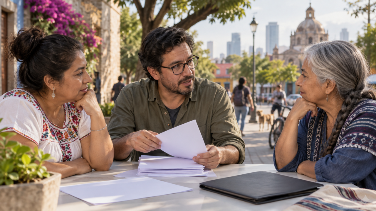 Ilustración generada con IA de tres personas dialogando sobre documentos de participación política.