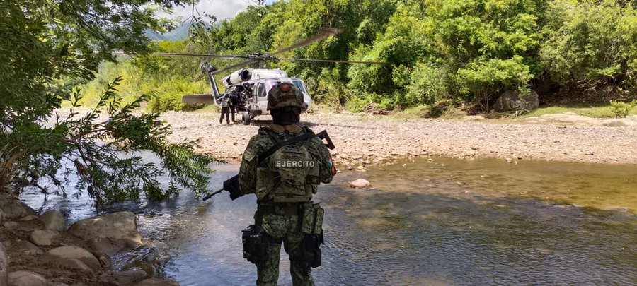 Elementos del Ejército Mexicano durante un operativo en una zona boscosa de Guerrero para localizar laboratorios clandestinos.