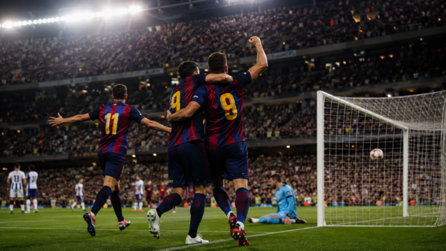 Jugadores de un equipo azul y granate celebran un gol en un estadio lleno.