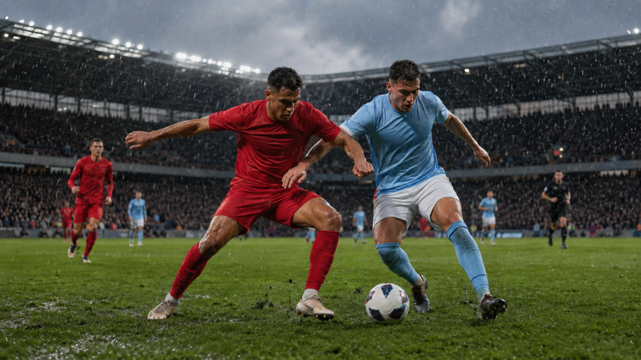 Futbolistas compiten bajo la lluvia en un partido de la Premier League.