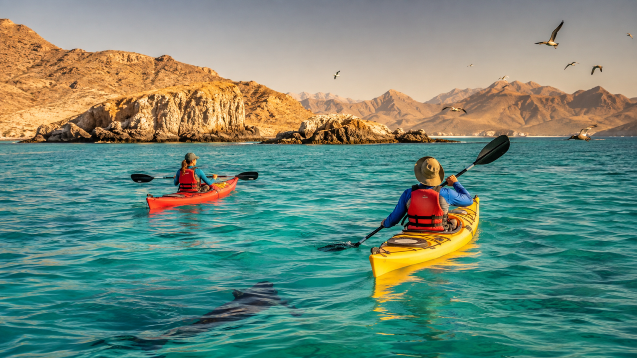 Kayakistas reman entre las islas del Parque Nacional Bahía de Loreto, Baja California Sur.