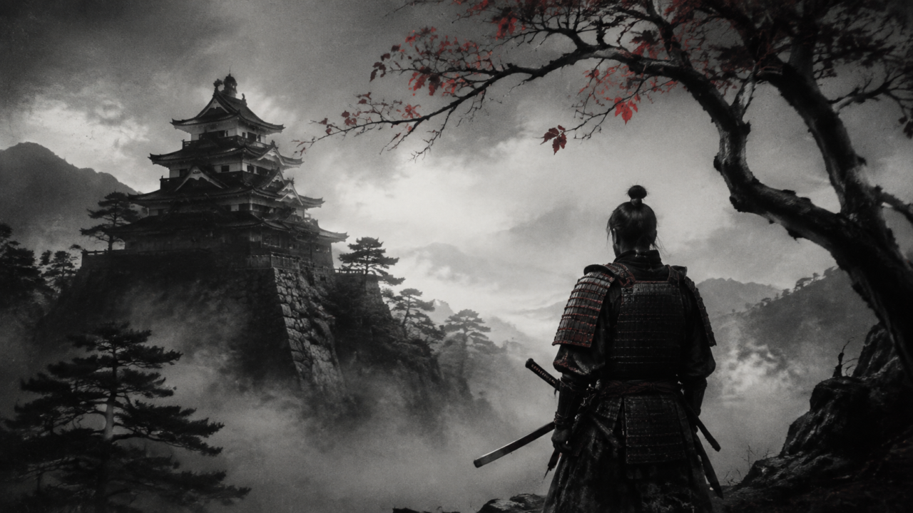 Akira Kurosawa y un samurái ante un castillo japonés cubierto por la niebla, homenaje visual a Trono de sangre.