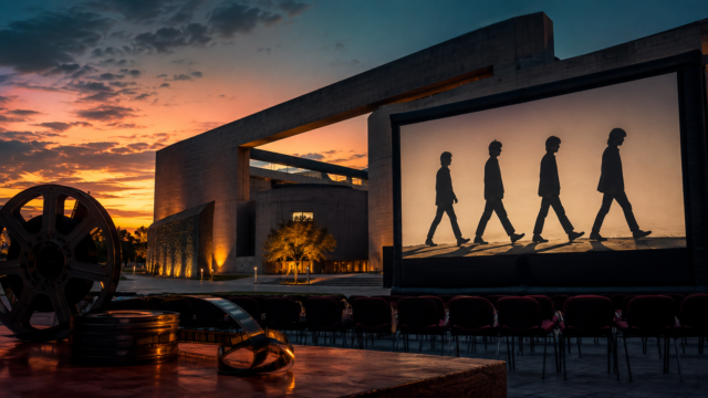 Ciclo de cine gratuito sobre The Beatles en el CENART, con pantalla de proyección y cuatro siluetas de músicos