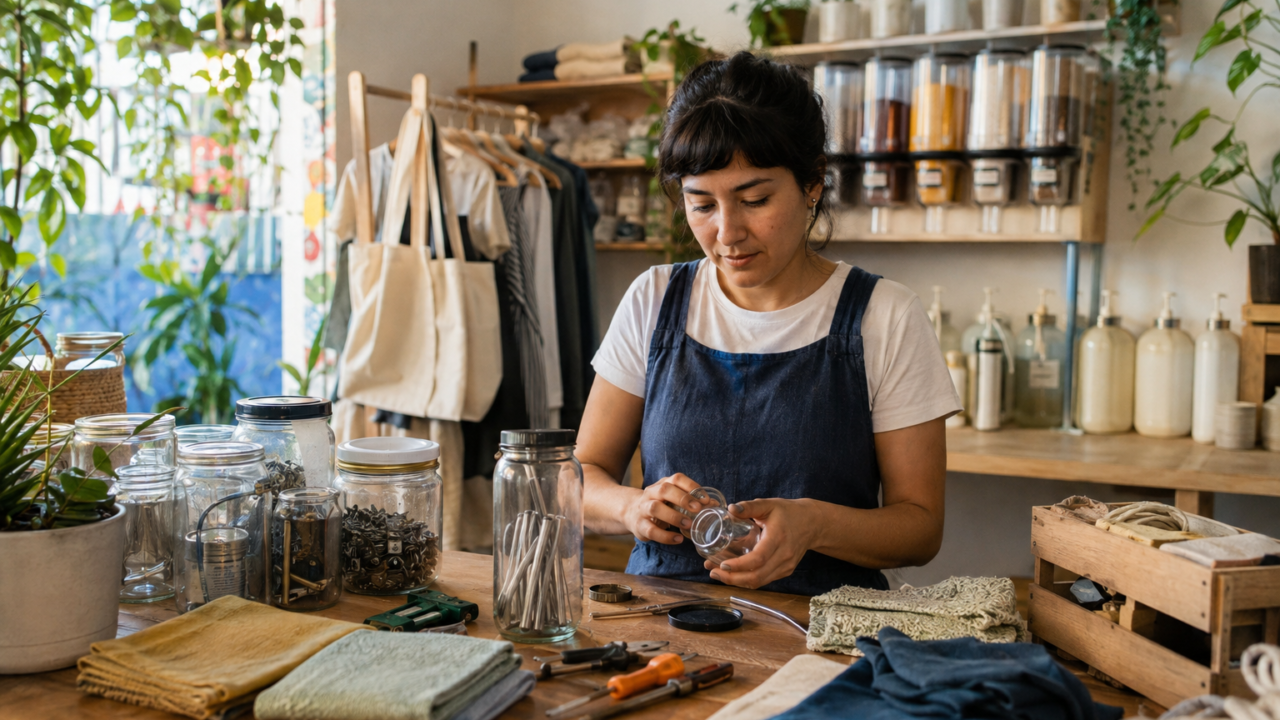 Emprendedora clasifica materiales reutilizables y prepara envases retornables en un taller comunitario.
