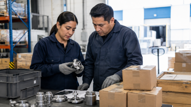 Equipo de proveedores mexicanos revisa componentes industriales y cajas listas para una cadena de suministro.